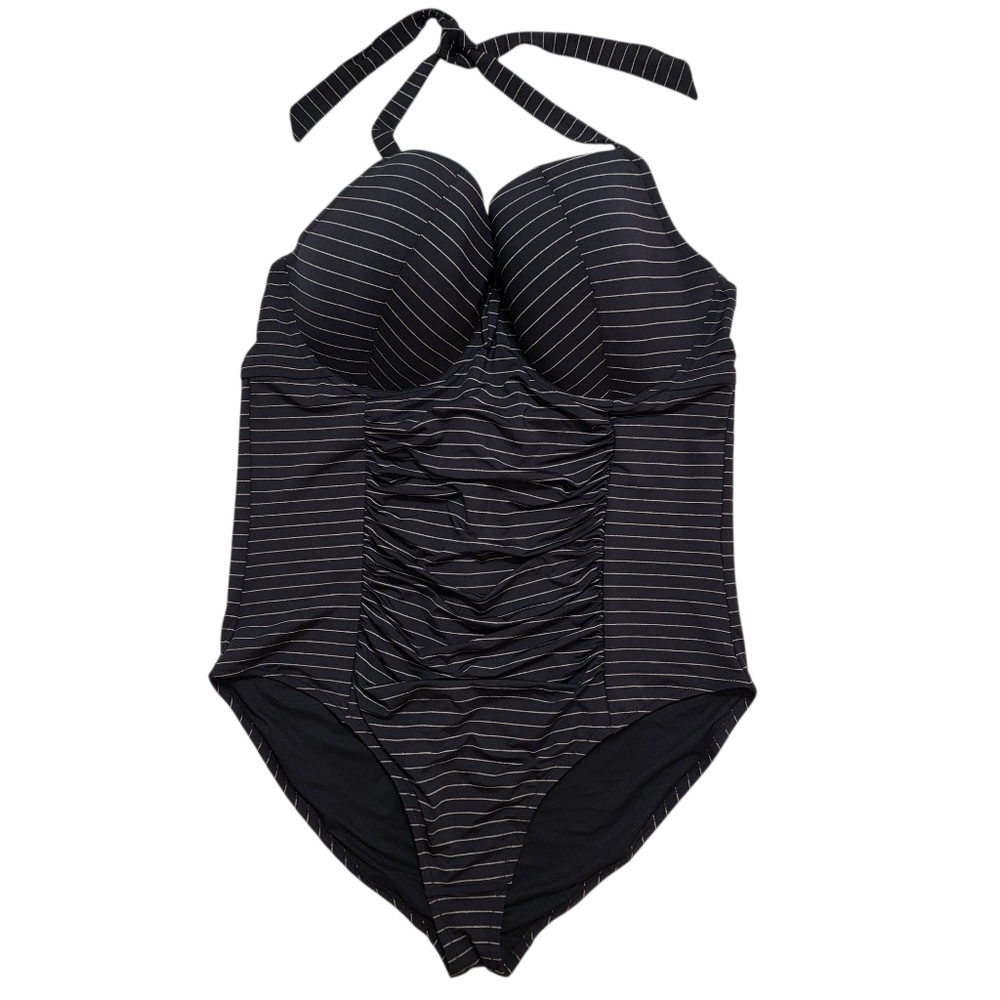 Swimsuits For All | Swim Sexy Black & Metallic Gold Striped Halter One Piece